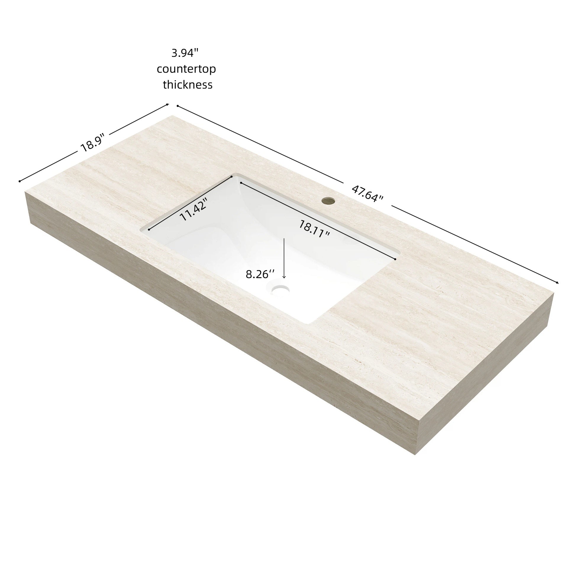 48" MURI Roma Travertine-Pattern Sintered Stone Countertop and Undermount Ceramic Basin with One Standard Pre-drilled Faucet Hole, NO Cabinet, NO Faucet and Sink Cover