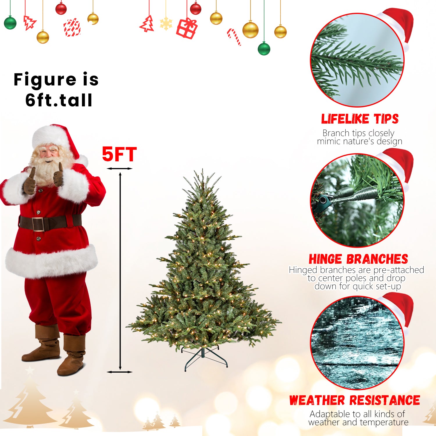 4FT Full-Shape Christmas Tree with 150 UL Lights – PE/PVC Mixed Branches, 673 Tips, Wide Base for Spacious Areas, Hinged Structure, Stable Metal Stand