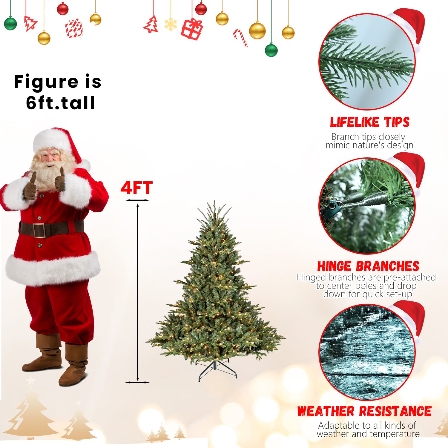 4FT Full-Shape Christmas Tree with 150 UL Lights – PE/PVC Mixed Branches, 673 Tips, Wide Base for Spacious Areas, Hinged Structure, Stable Metal Stand