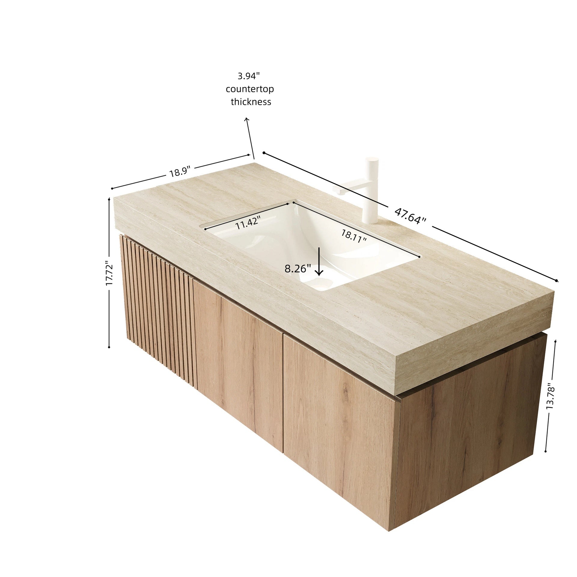 MURI 48" Bathroom Vanity&Sink, Floating Plywood Storage Cabinet with Drawer&Doors, Roma Travertine Sintered Stone Top&Ceramic Basin with 1 Pre-drilled Faucet Hole, Pre-assembled, White Oak Woodgrain