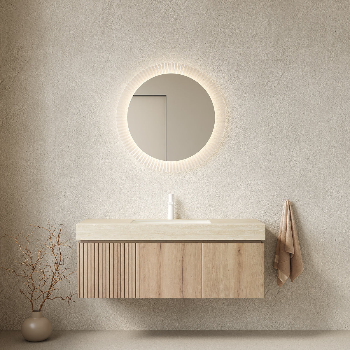 MURI 48" Bathroom Vanity&Sink, Floating Plywood Storage Cabinet with Drawer&Doors, Roma Travertine Sintered Stone Top&Ceramic Basin with 1 Pre-drilled Faucet Hole, Pre-assembled, White Oak Woodgrain