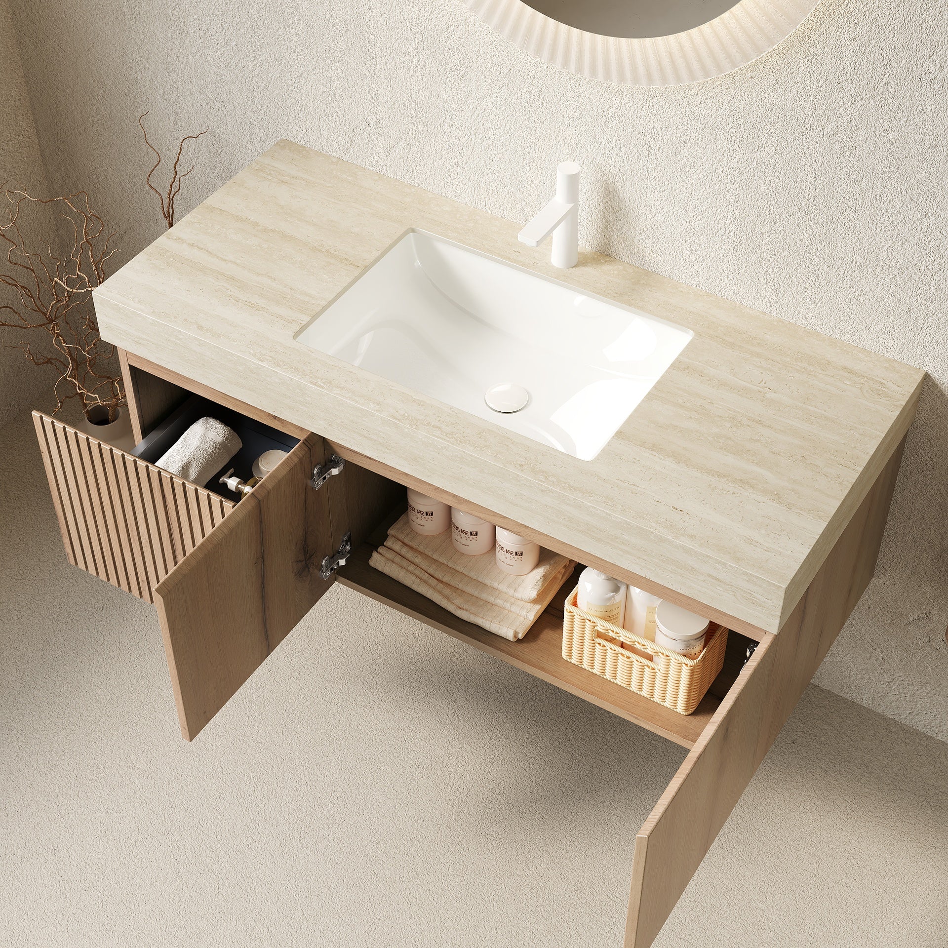 MURI 48" Bathroom Vanity&Sink, Floating Plywood Storage Cabinet with Drawer&Doors, Roma Travertine Sintered Stone Top&Ceramic Basin with 1 Pre-drilled Faucet Hole, Pre-assembled, White Oak Woodgrain