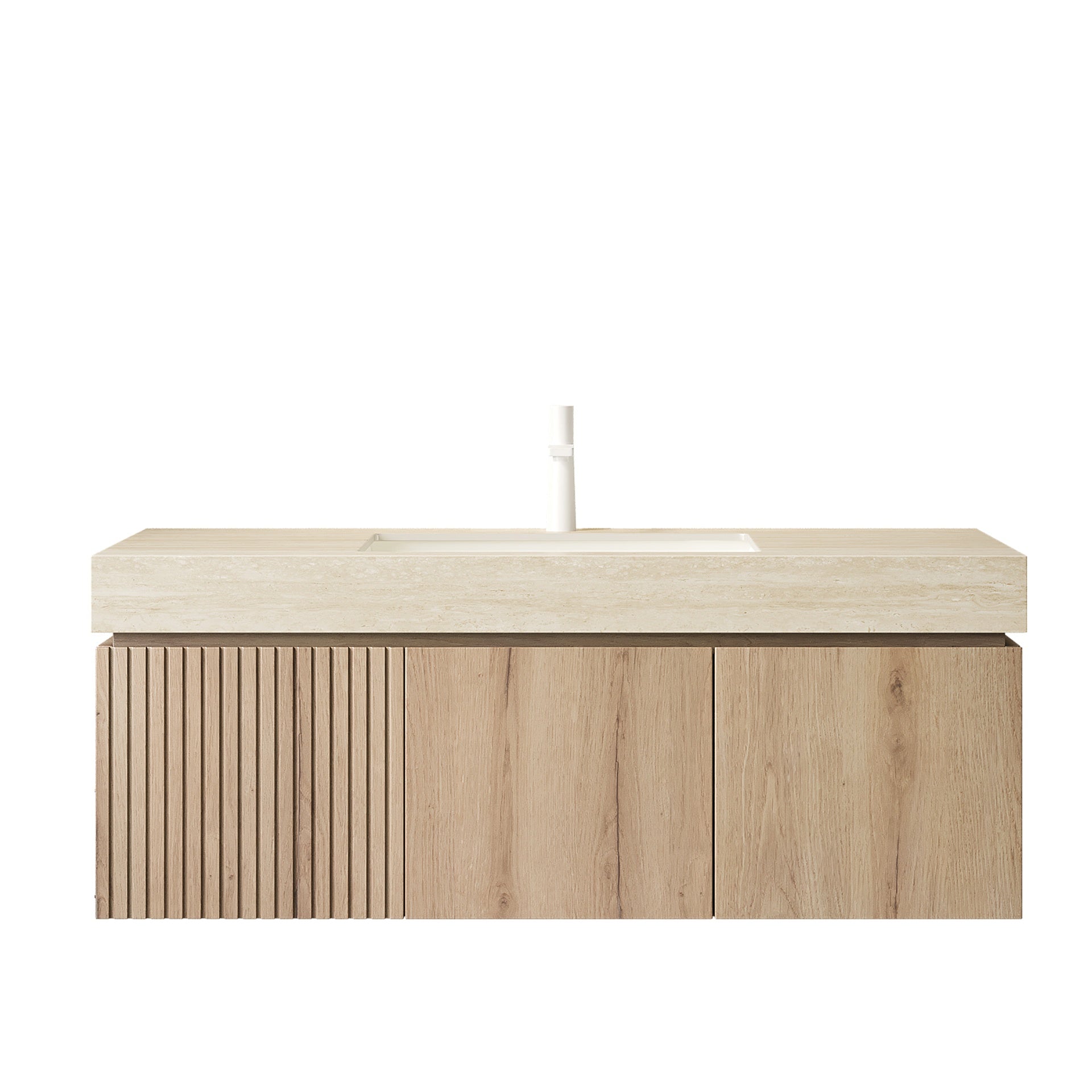 MURI 48" Bathroom Vanity&Sink, Floating Plywood Storage Cabinet with Drawer&Doors, Roma Travertine Sintered Stone Top&Ceramic Basin with 1 Pre-drilled Faucet Hole, Pre-assembled, White Oak Woodgrain