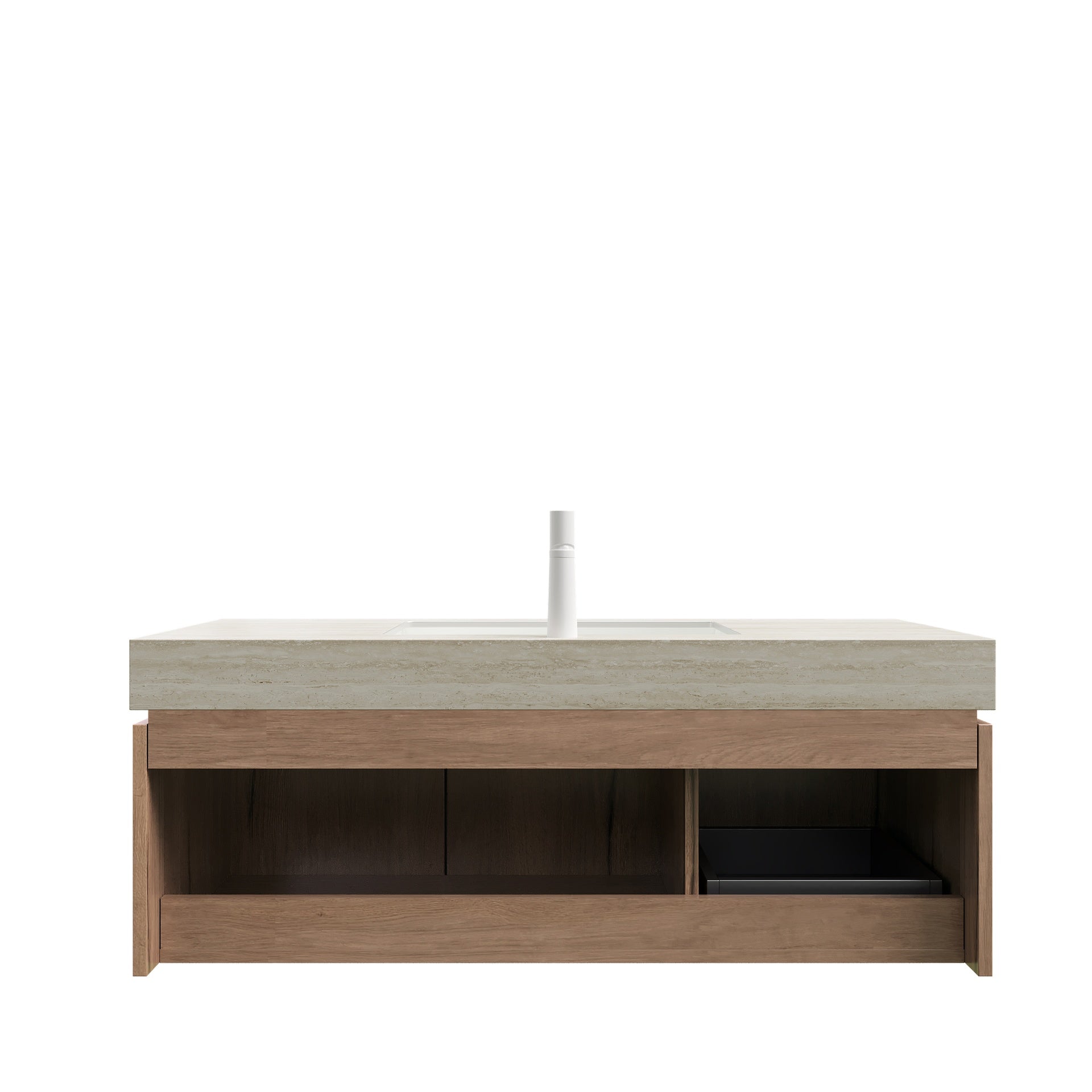 MURI 48" Bathroom Vanity&Sink, Floating Plywood Storage Cabinet with Drawer&Doors, Roma Travertine Sintered Stone Top&Ceramic Basin with 1 Pre-drilled Faucet Hole, Pre-assembled, White Oak Woodgrain