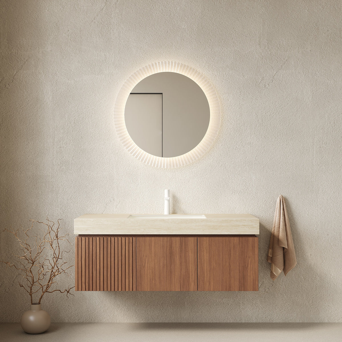MURI 48" Bathroom Vanity&Sink, Floating Plywood Storage Cabinet with Drawer&Doors, Roma Travertine Sintered Stone Top&Ceramic Basin with 1 Pre-drilled Faucet Hole, Pre-assembled, Brown Oak Woodgrain