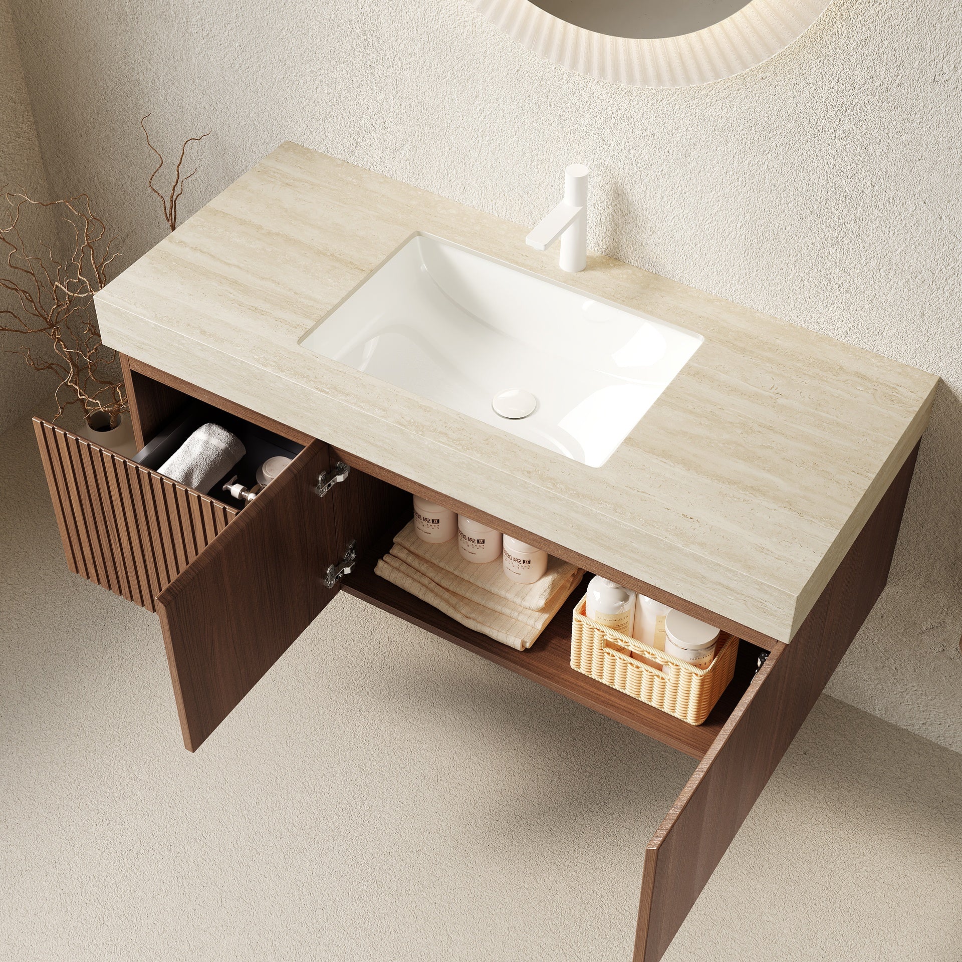 MURI 48" Bathroom Vanity&Sink, Floating Plywood Storage Cabinet with Drawer&Doors, Roma Travertine Sintered Stone Top&Ceramic Basin with 1 Pre-drilled Faucet Hole, Pre-assembled, Brown Oak Woodgrain