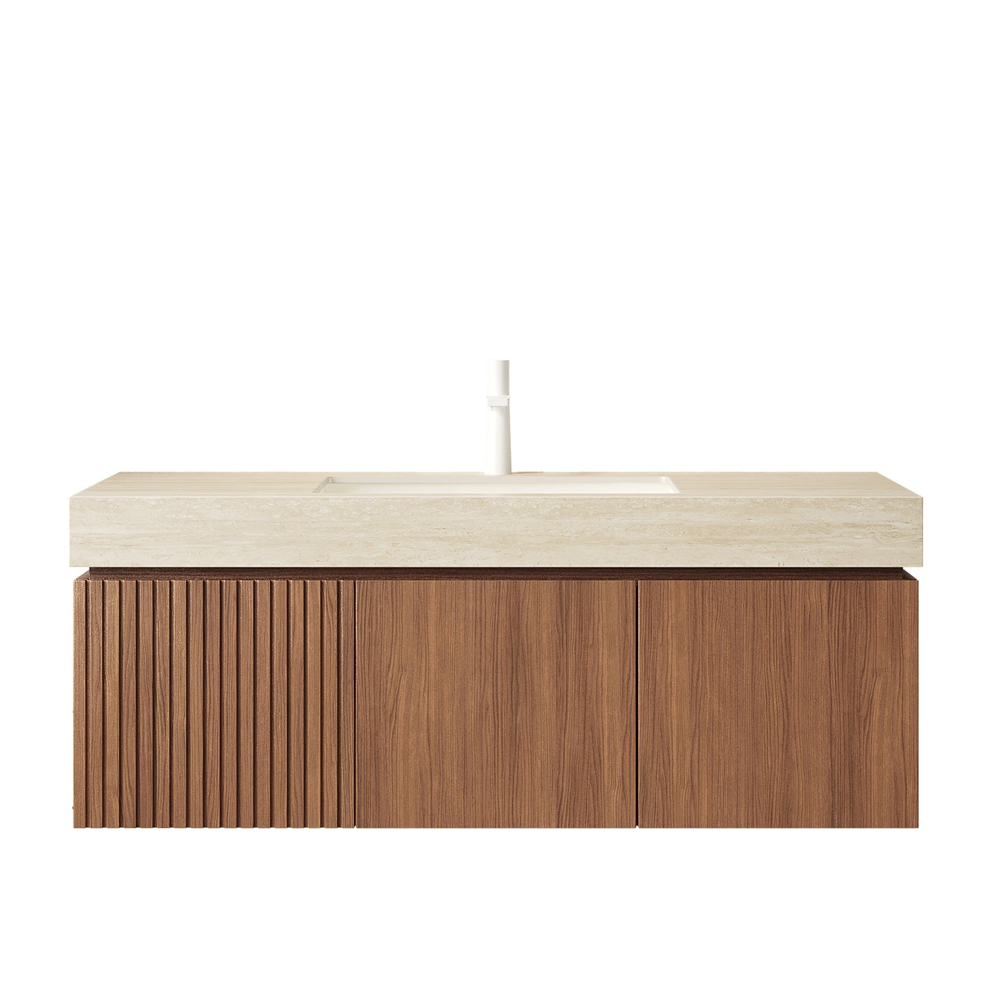 MURI 48" Bathroom Vanity&Sink, Floating Plywood Storage Cabinet with Drawer&Doors, Roma Travertine Sintered Stone Top&Ceramic Basin with 1 Pre-drilled Faucet Hole, Pre-assembled, Brown Oak Woodgrain
