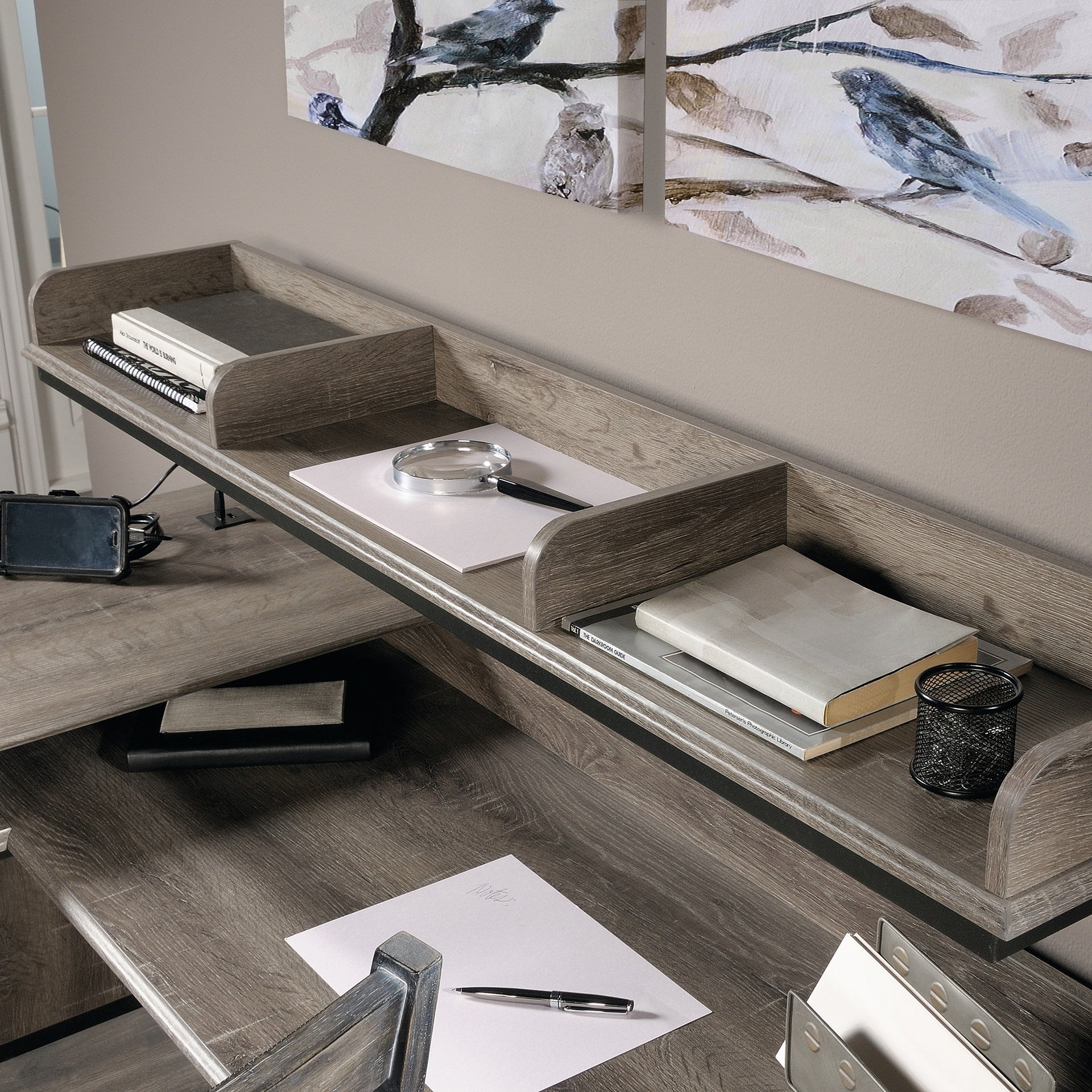Industrial L-Shaped Desk with Built-In Usb Ports And Grommet Holes, Brown Finish