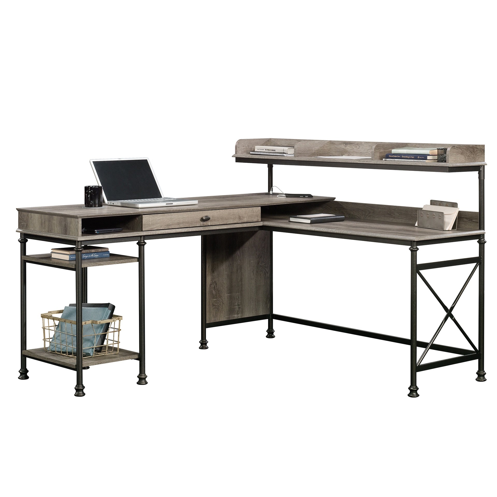 Industrial L-Shaped Desk with Built-In Usb Ports And Grommet Holes, Brown Finish