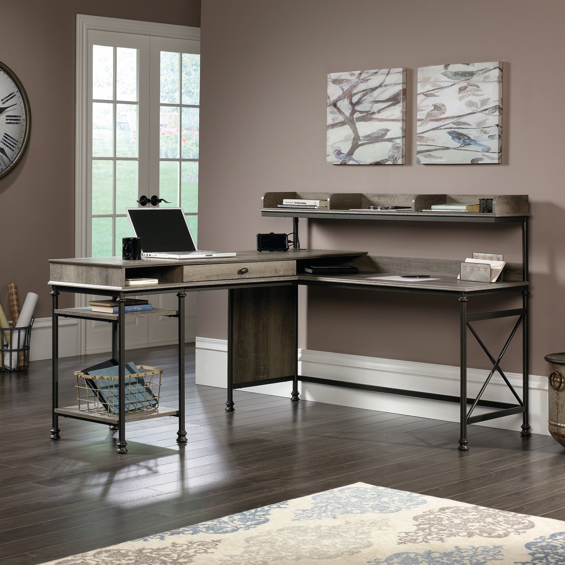 Industrial L-Shaped Desk with Built-In Usb Ports And Grommet Holes, Brown Finish