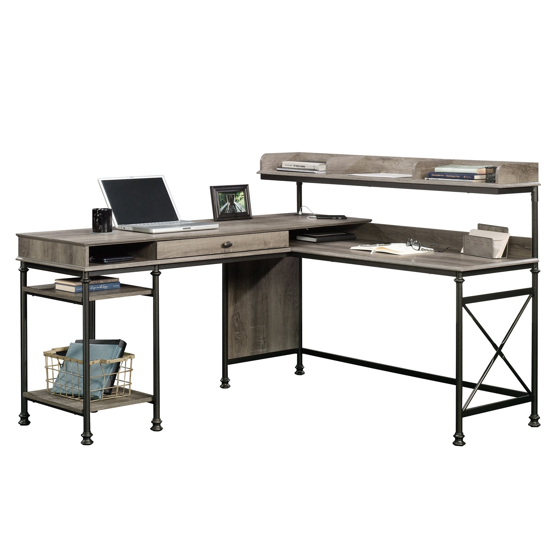 Industrial L-Shaped Desk with Built-In Usb Ports And Grommet Holes, Brown Finish