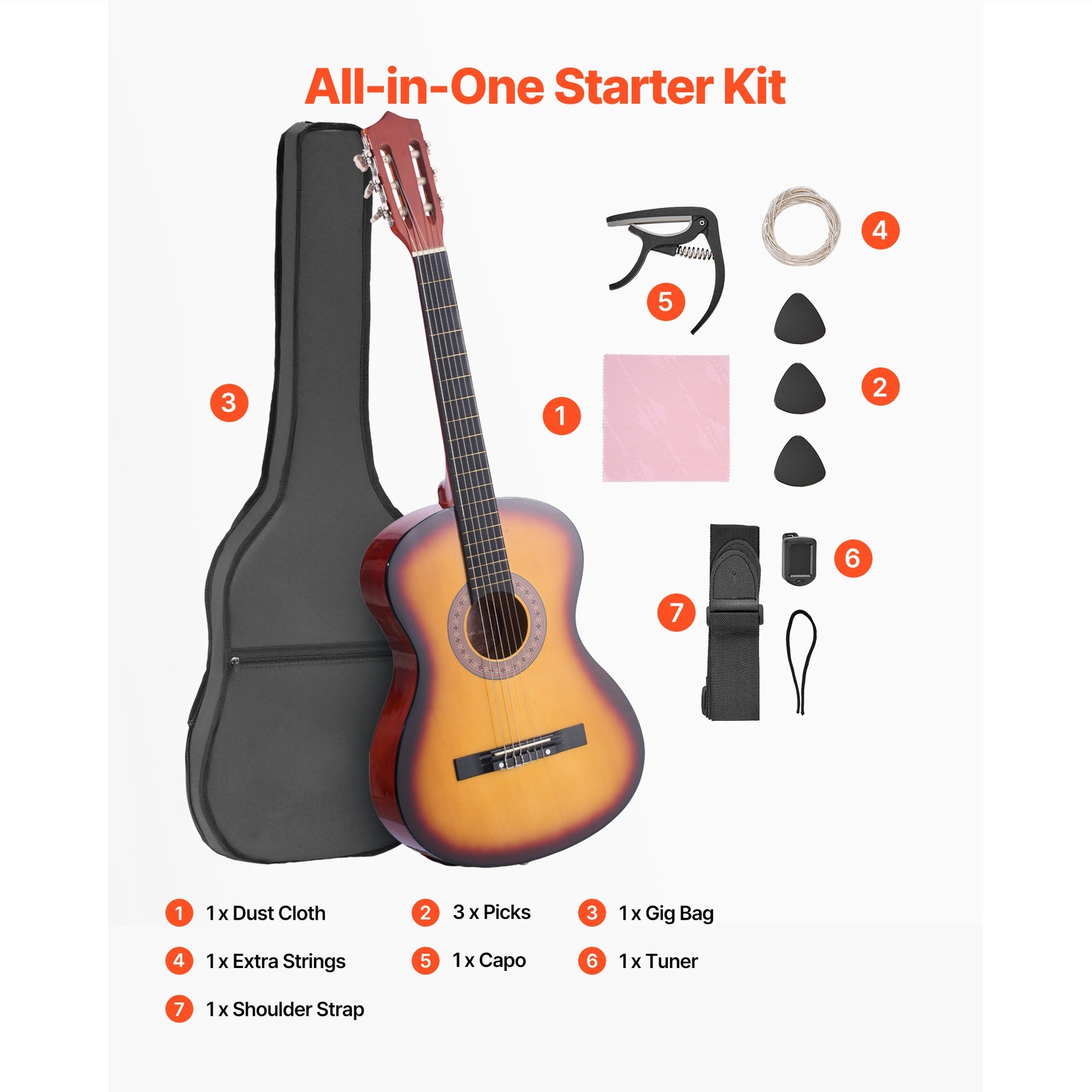 Classical Guitar, 38 Inch, Wood Classical Guitar Starter Kit for Beginners, with Nylon Strings, Gig Bag, Strap, Tuner, Extra String, Pick, Capo, Basswood, for Teenagers Adults Students, Sunburst