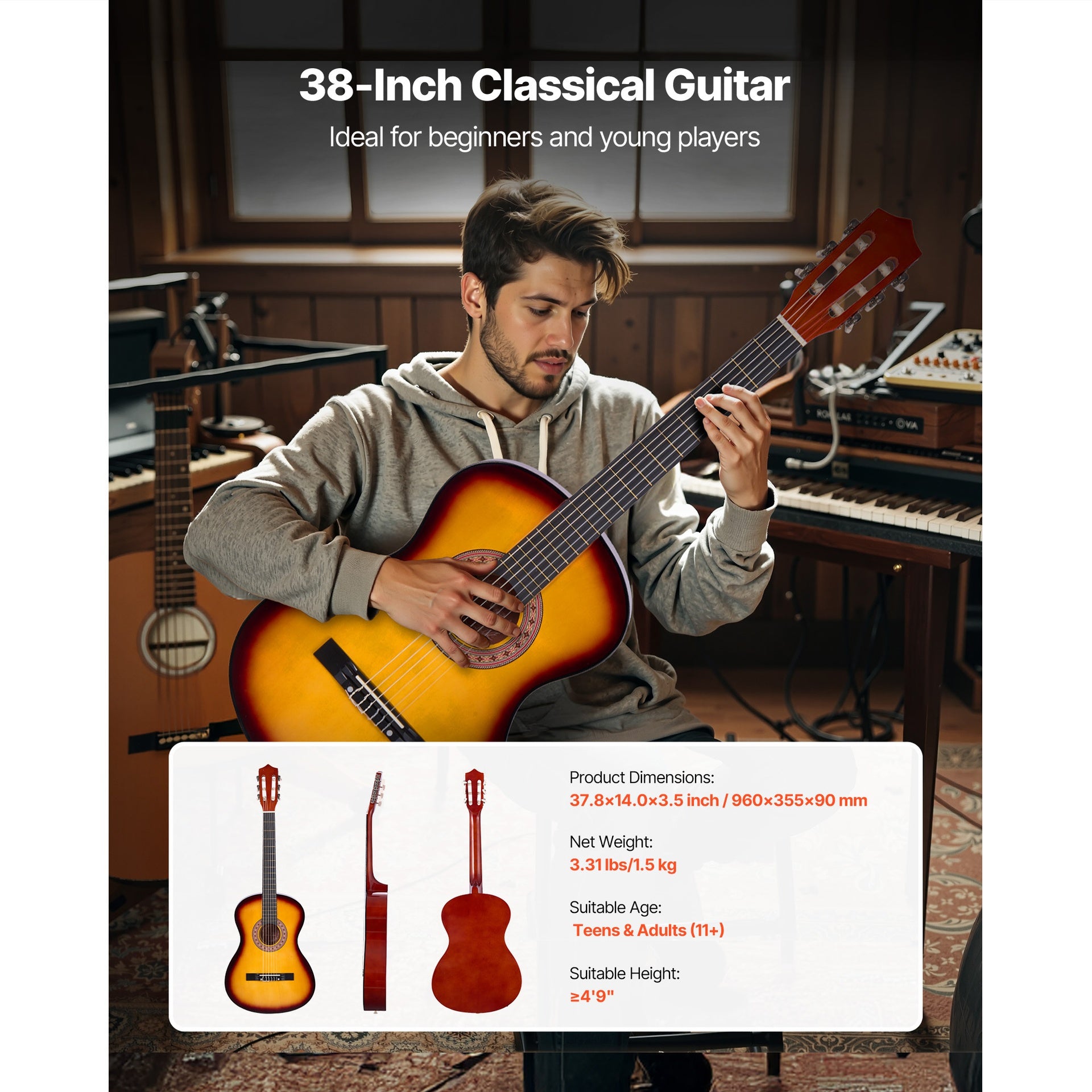 Classical Guitar, 38 Inch, Wood Classical Guitar Starter Kit for Beginners, with Nylon Strings, Gig Bag, Strap, Tuner, Extra String, Pick, Capo, Basswood, for Teenagers Adults Students, Sunburst