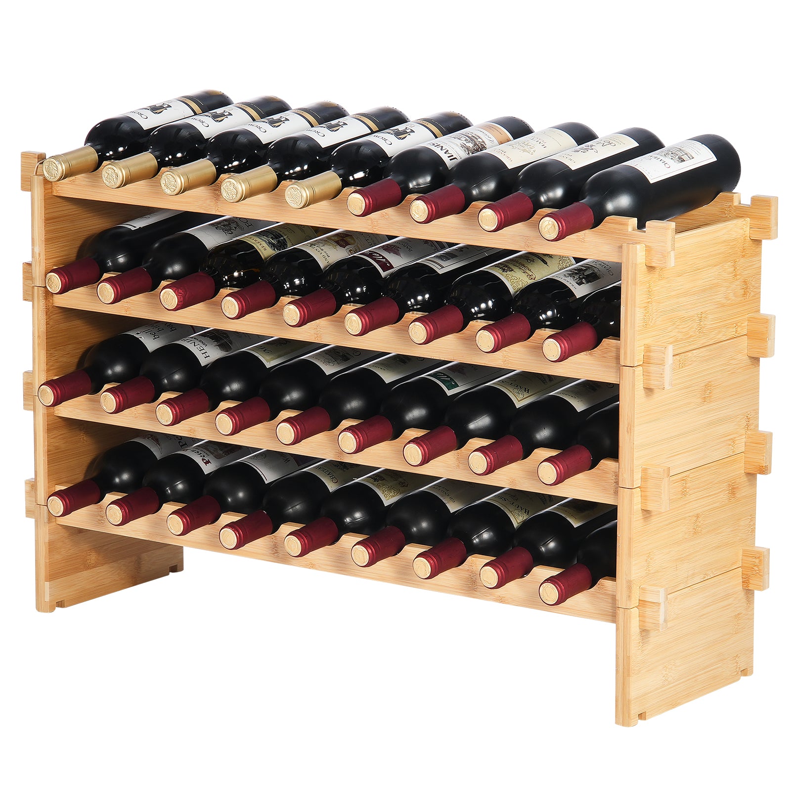36 Bottle Stackable Modular Wine Rack Bamboo Wood Display Shelf 4-Tier