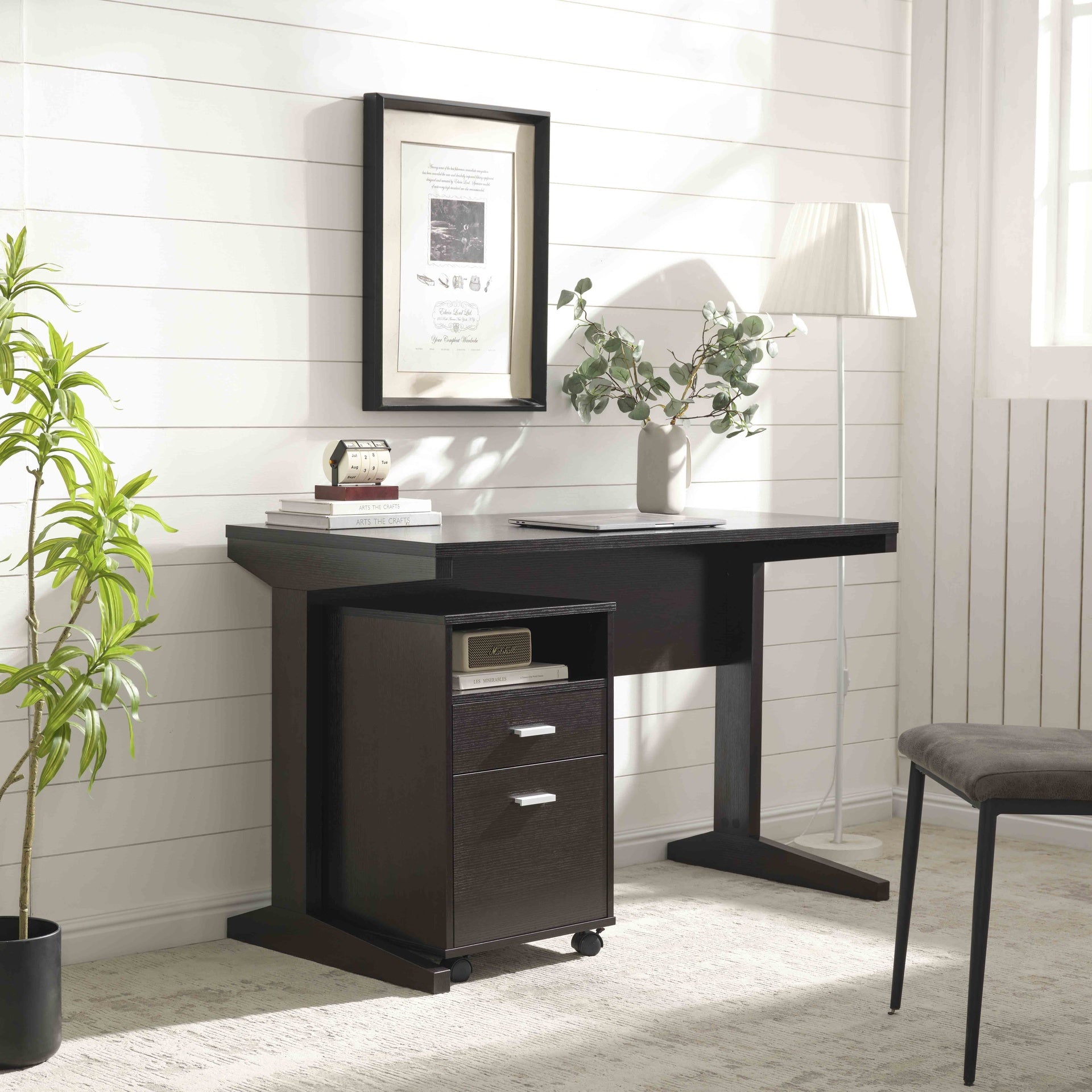 Home office desk with modesty panel and detached file cabinet on locking wheels with two drawers file drawer cubby shelf metal bar handle Red Cocoa color