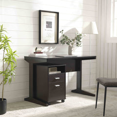 Home office desk with modesty panel and detached file cabinet on locking wheels with two drawers file drawer cubby shelf metal bar handle Red Cocoa color