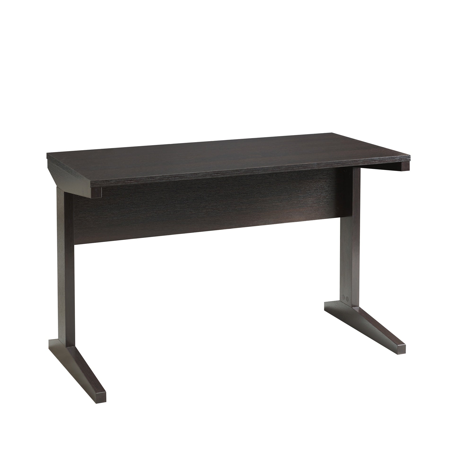 Home office desk with modesty panel and detached file cabinet on locking wheels with two drawers file drawer cubby shelf metal bar handle Red Cocoa color