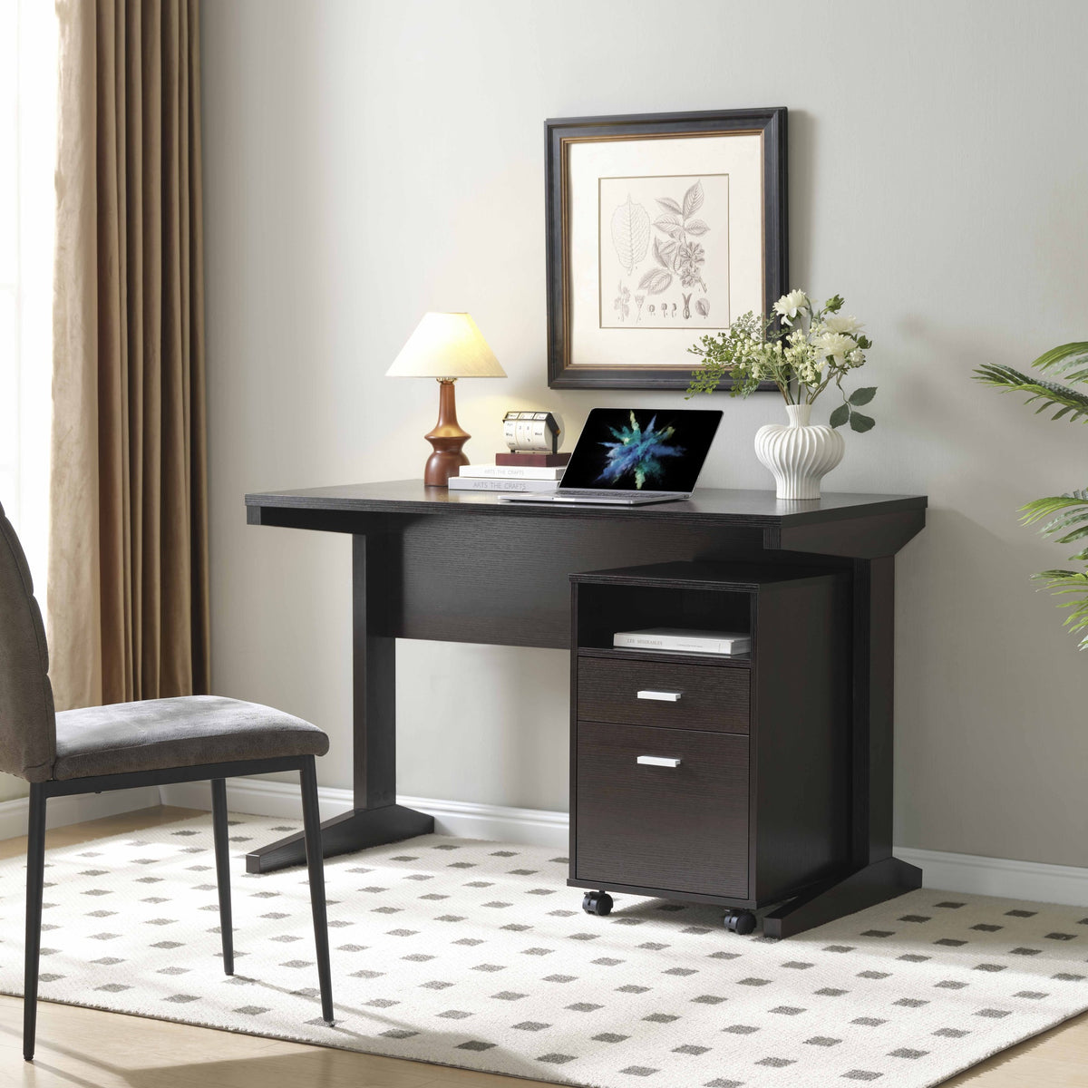 Home office desk with modesty panel and detached file cabinet on locking wheels with two drawers file drawer cubby shelf metal bar handle Red Cocoa color