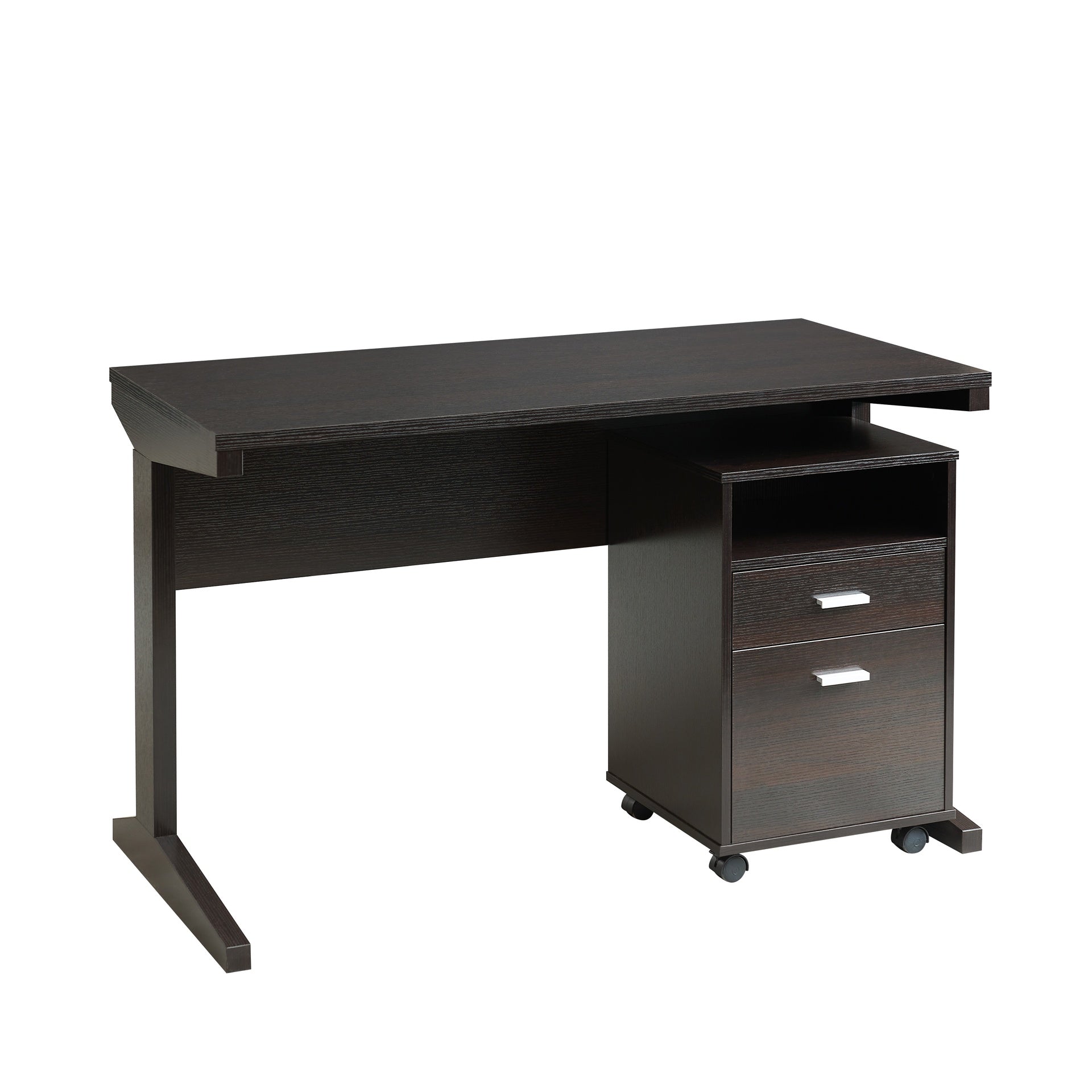 Home office desk with modesty panel and detached file cabinet on locking wheels with two drawers file drawer cubby shelf metal bar handle Red Cocoa color