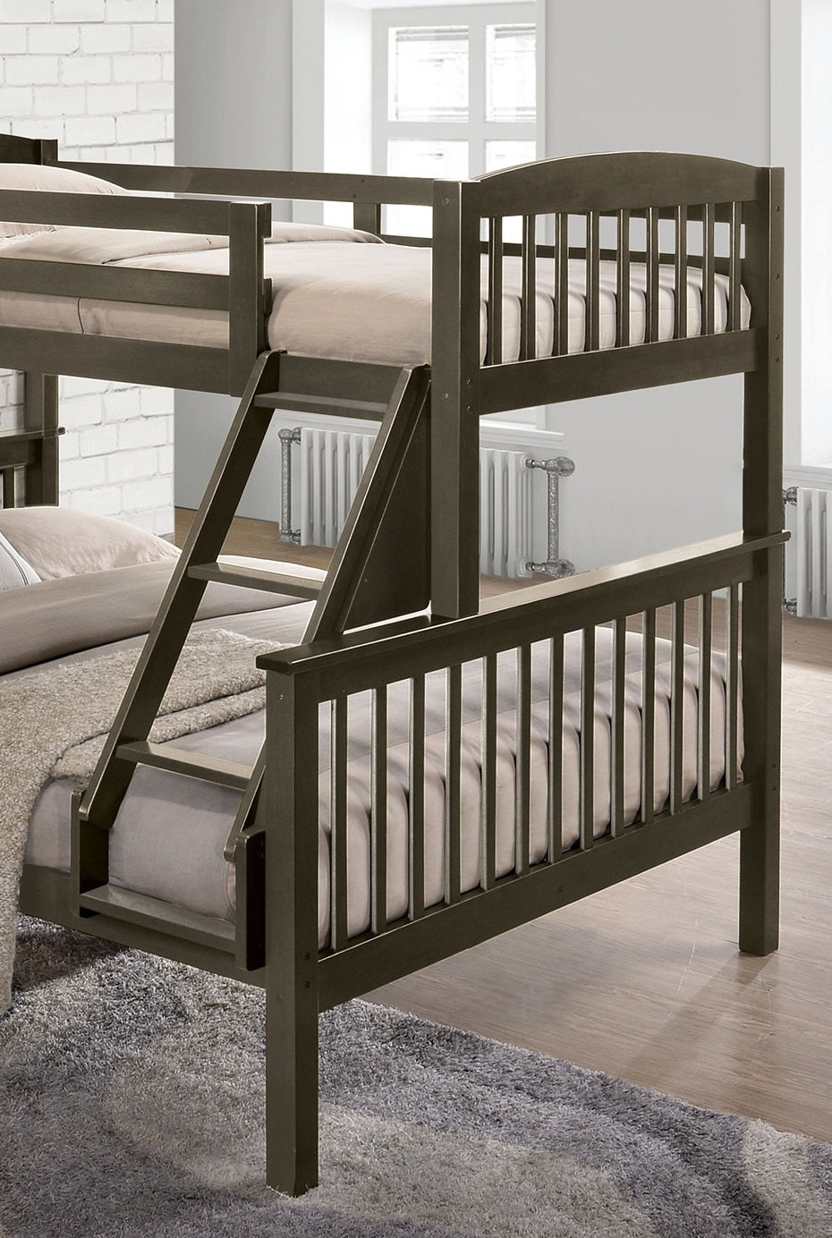 Transition Twin Full Bed With Slat Design And Angled Ladder, Gray