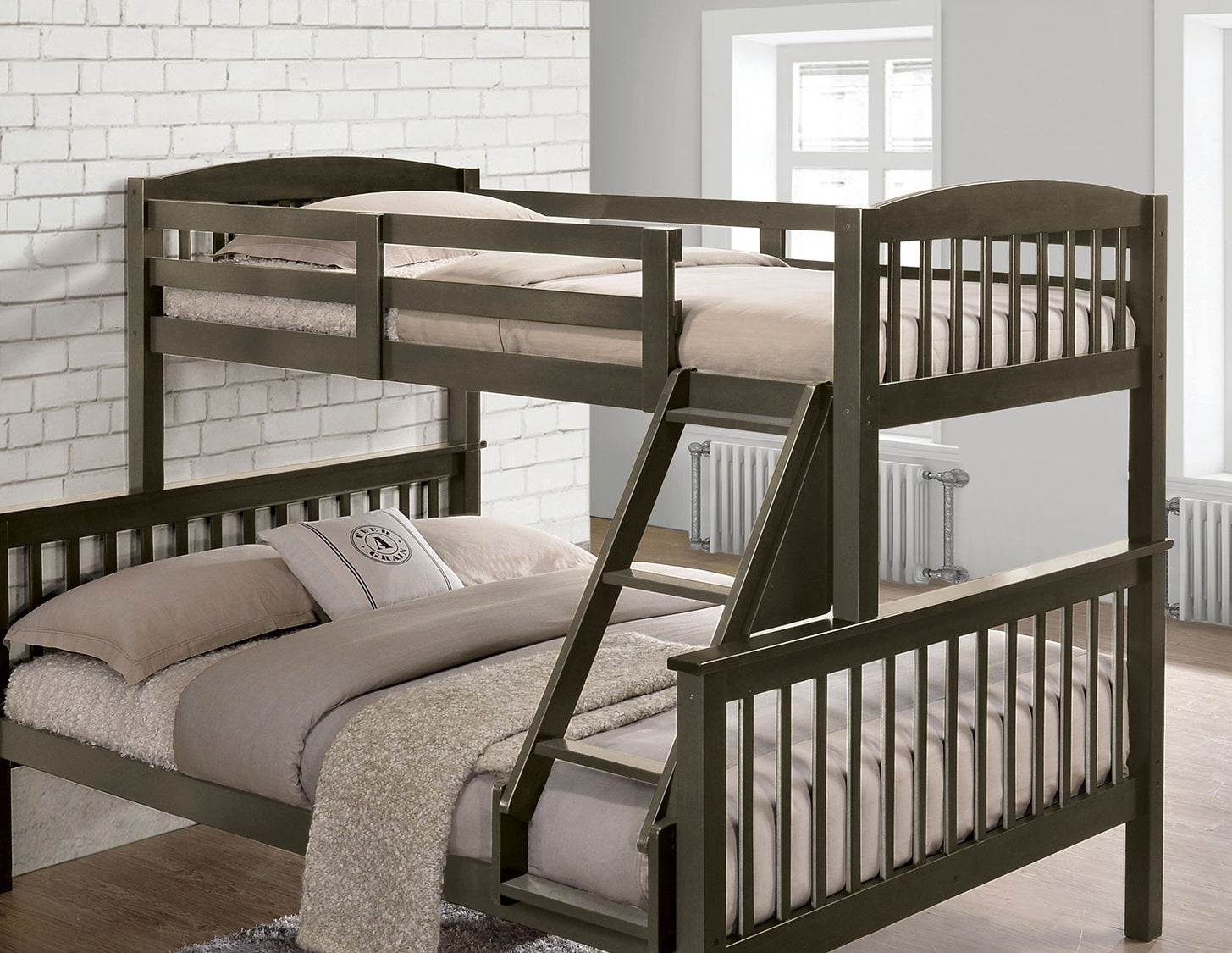 Transition Twin Full Bed With Slat Design And Angled Ladder, Gray