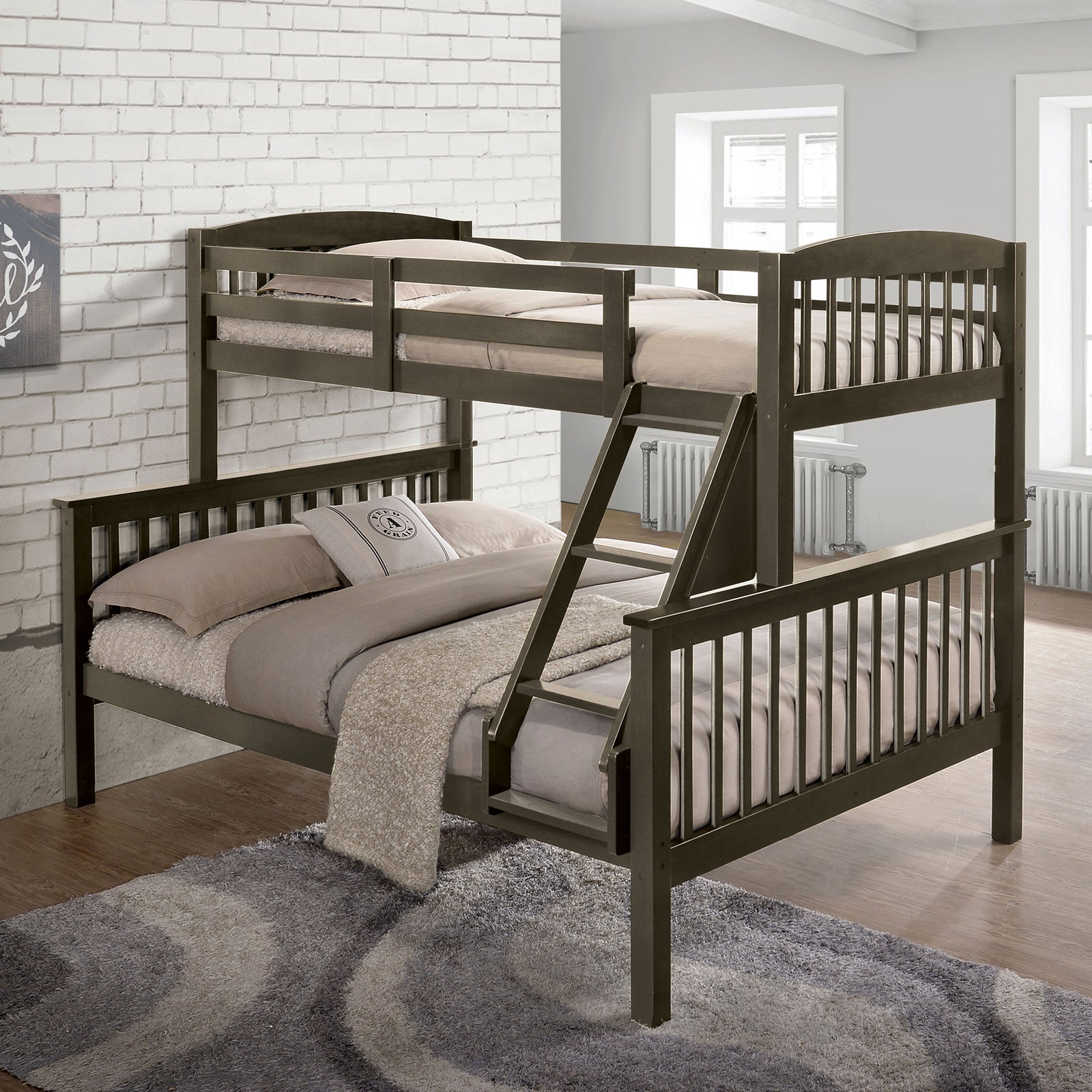 Transition Twin Full Bed With Slat Design And Angled Ladder, Gray