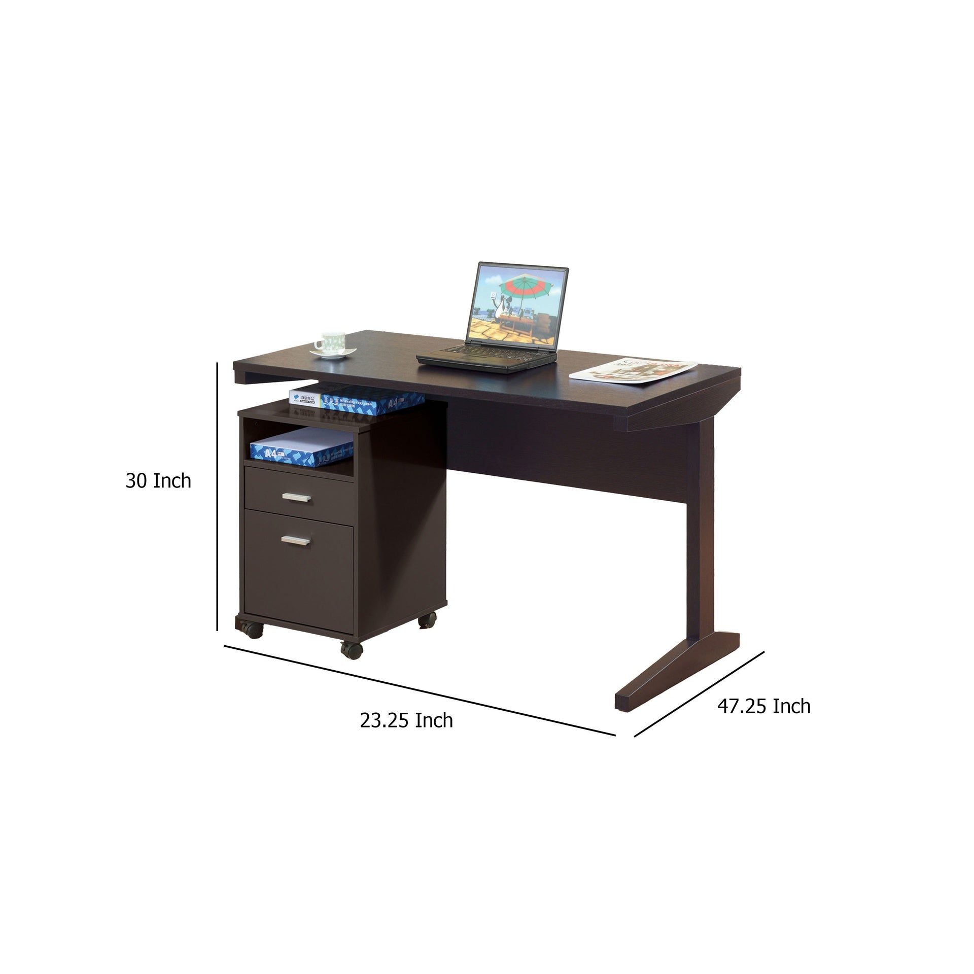 Desk w File Cabinet, 2 Storage Drawers, 47 Inch Red Cocoa Brown