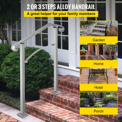 Outdoor Stair Railing, Fit 2 or 3 Steps Alloy Metal Handrailing, Front Porch Flexible Transitional Handrail, Arch Step Rail with Installation Kit, for Concrete or Wooden Stairs, Silver