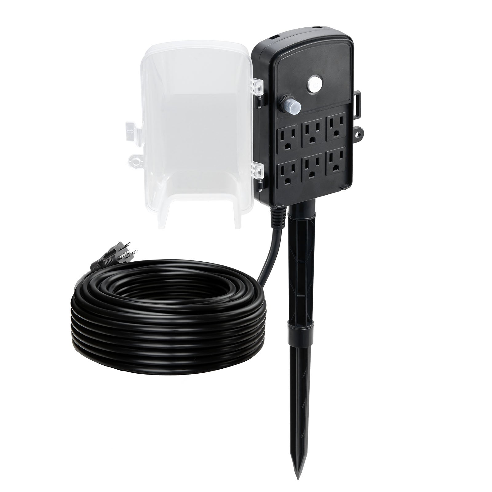Outdoor Power Stake, 100 FT Extension Cord, Outdoor Power Strip Weatherproof with Cover and Overload Protection, 6 Outlets, 13A/1625W, Waterproof Multi-Outlet Yard Stake for Christmas Lights