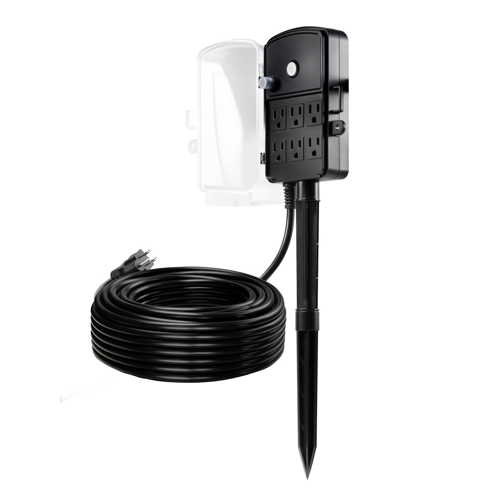 Outdoor Power Stake, 100 FT Extension Cord, Outdoor Power Strip Weatherproof with Cover and Overload Protection, 6 Outlets, 13A/1625W, Waterproof Multi-Outlet Yard Stake for Christmas Lights