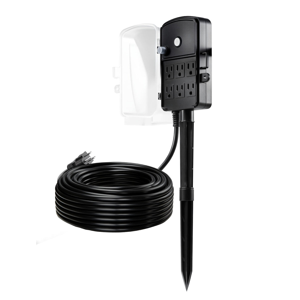 Outdoor Power Stake, 100 FT Extension Cord, Outdoor Power Strip Weatherproof with Cover and Overload Protection, 6 Outlets, 13A/1625W, Waterproof Multi-Outlet Yard Stake for Christmas Lights