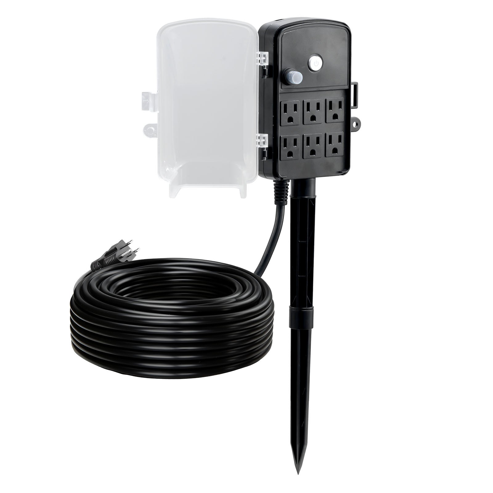 Outdoor Power Stake, 100 FT Extension Cord, Outdoor Power Strip Weatherproof with Cover and Overload Protection, 6 Outlets, 13A/1625W, Waterproof Multi-Outlet Yard Stake for Christmas Lights
