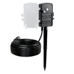 Outdoor Power Stake, 100 FT Extension Cord, Outdoor Power Strip Weatherproof with Cover and Overload Protection, 6 Outlets, 13A/1625W, Waterproof Multi-Outlet Yard Stake for Christmas Lights