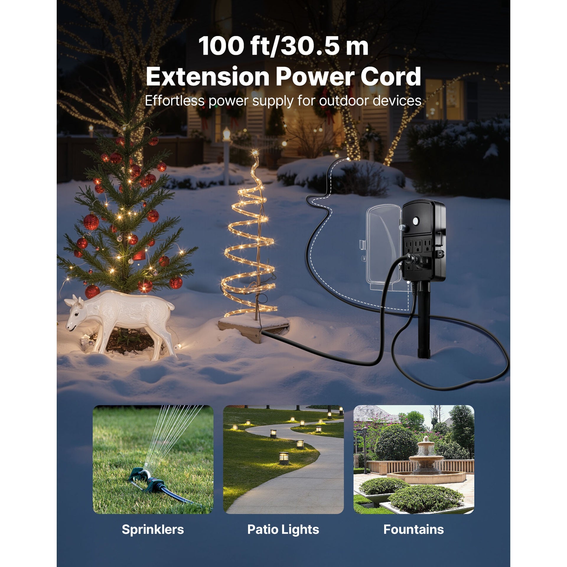 Outdoor Power Stake, 100 FT Extension Cord, Outdoor Power Strip Weatherproof with Cover and Overload Protection, 6 Outlets, 13A/1625W, Waterproof Multi-Outlet Yard Stake for Christmas Lights