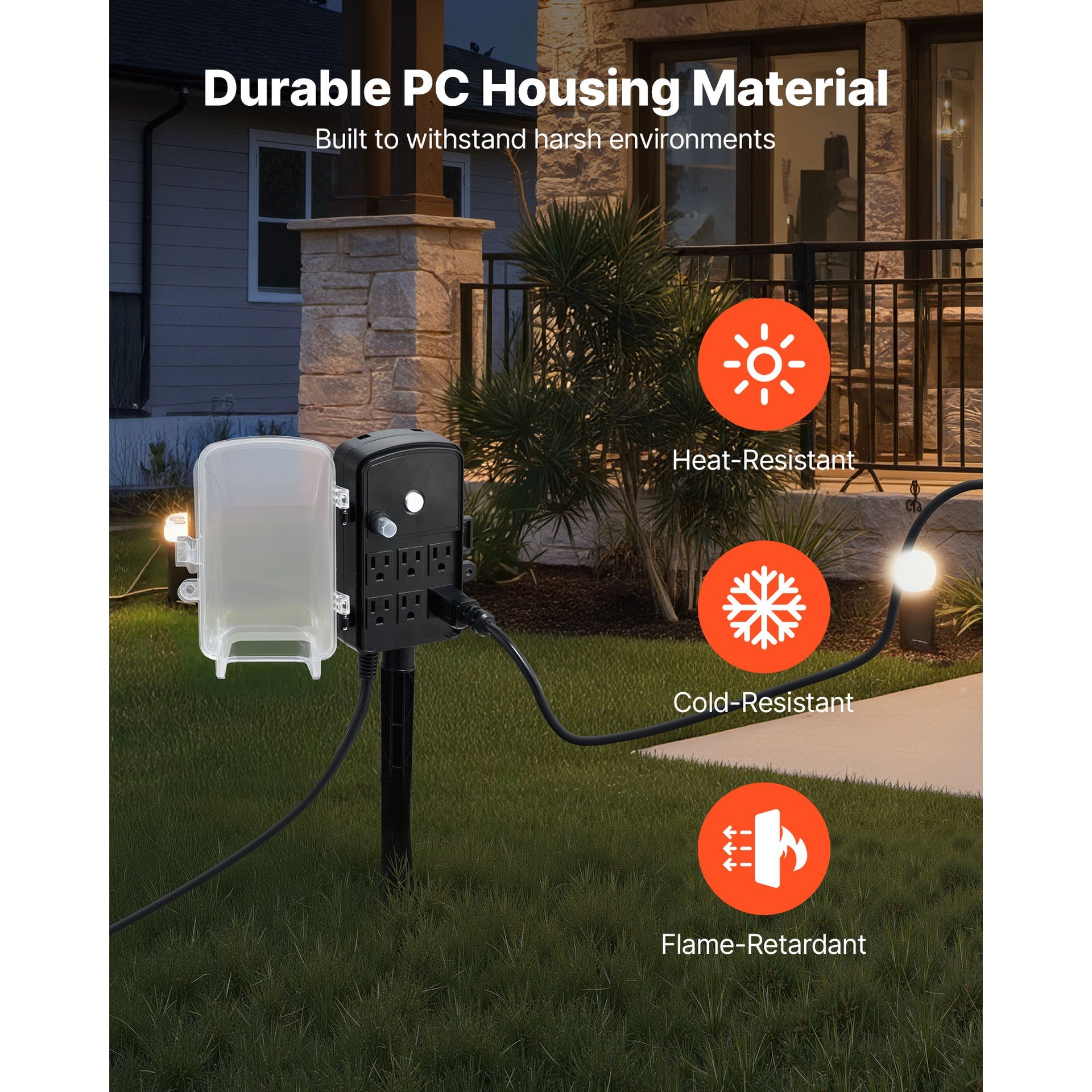 Outdoor Power Stake, 100 FT Extension Cord, Outdoor Power Strip Weatherproof with Cover and Overload Protection, 6 Outlets, 13A/1625W, Waterproof Multi-Outlet Yard Stake for Christmas Lights