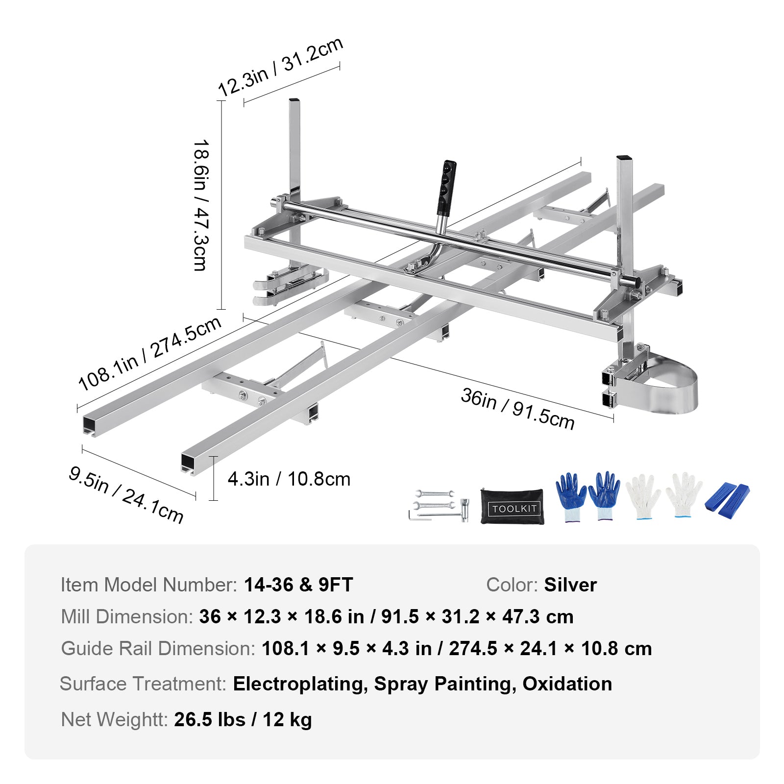 Chainsaw Mill and Rail Mill Guide System, Portable Sawmill 14"-36" Guide Bar, 9ft Aluminum Saw Milling Rail Guide with Chainsaw Planking Mill for Woodworkers and Carpenters