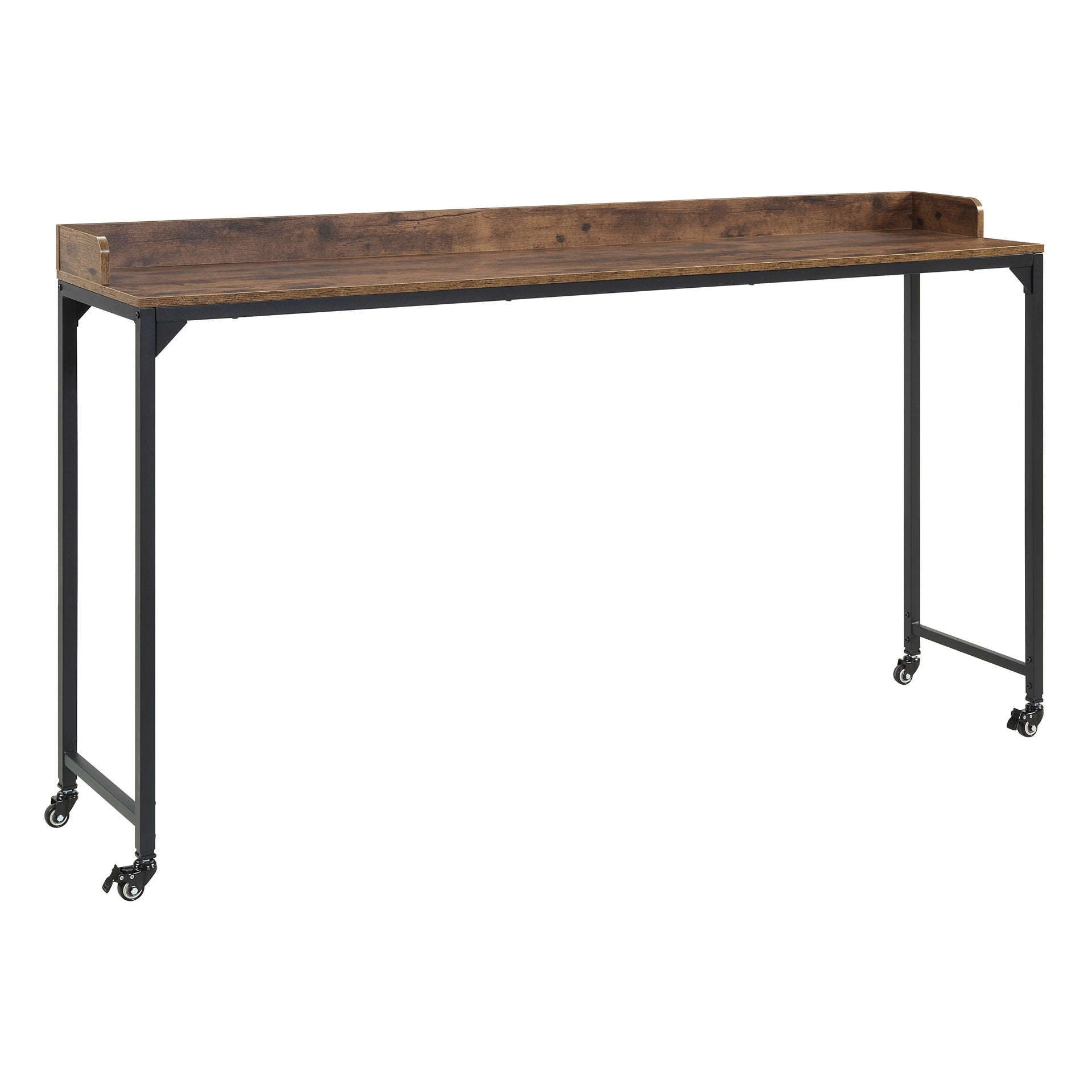 Rustic Brown Wood Finish Multipurpose Over the Bed Desk with Adjustable Height, Metal Legs with Casters, Overbed Table 1pc, Laptop Table for Bed, Breakfast Table