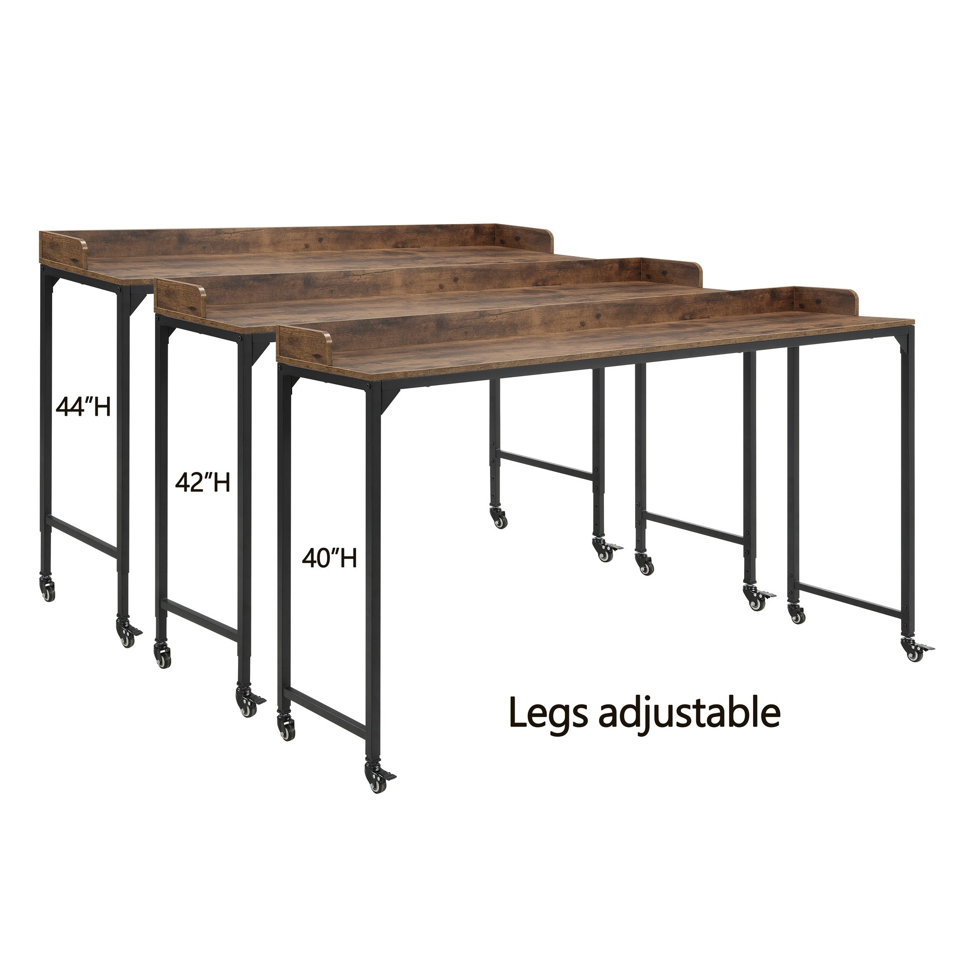 Rustic Brown Wood Finish Multipurpose Over the Bed Desk with Adjustable Height, Metal Legs with Casters, Overbed Table 1pc, Laptop Table for Bed, Breakfast Table