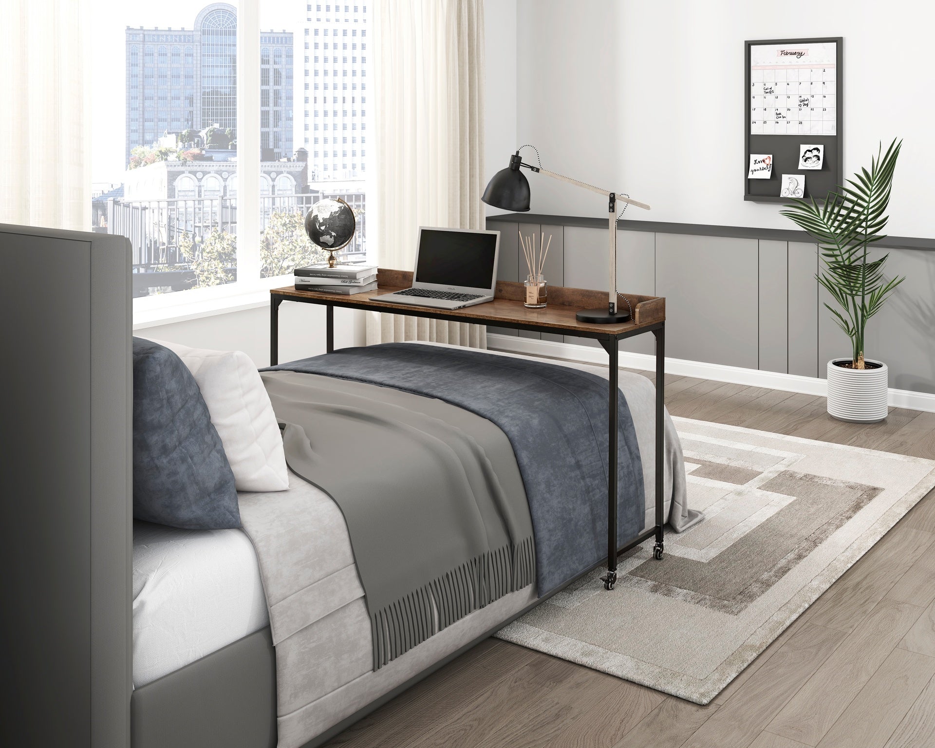 Rustic Brown Wood Finish Multipurpose Over the Bed Desk with Adjustable Height, Metal Legs with Casters, Overbed Table 1pc, Laptop Table for Bed, Breakfast Table
