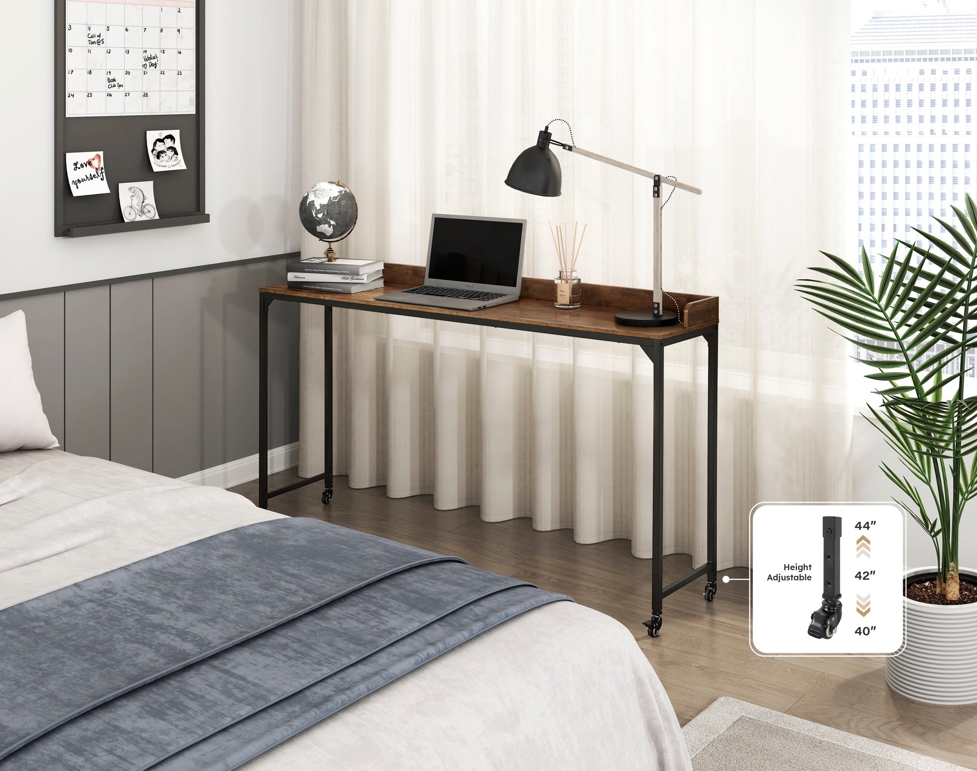Rustic Brown Wood Finish Multipurpose Over the Bed Desk with Adjustable Height, Metal Legs with Casters, Overbed Table 1pc, Laptop Table for Bed, Breakfast Table