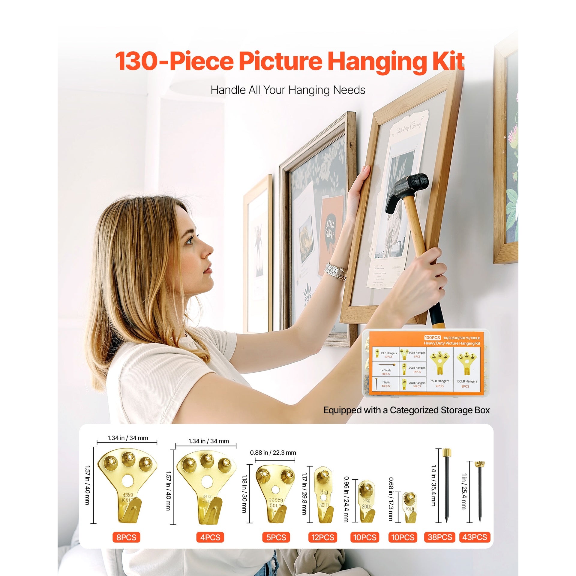 130Pcs Picture Frame Hangers with Nails 10lbs to 100lbs Metal Photo Hanging Kit