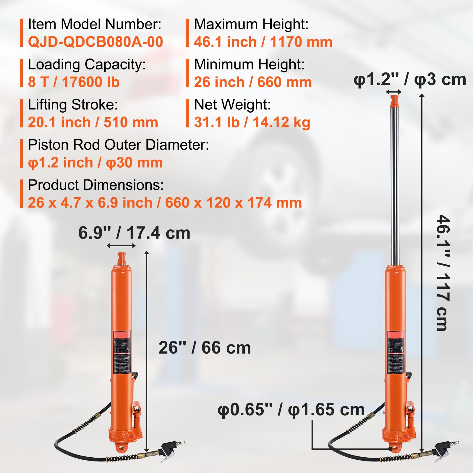 Hydraulic Long Ram Jack 8Ton Clevis Base Engine Hoist Cylinder Single Pump
