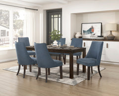 7pc Dining Set Dark Brown Finish Table and Blue Fabric Upholstered 6x Side Chairs Wooden Modern Dining Kitchen Furniture