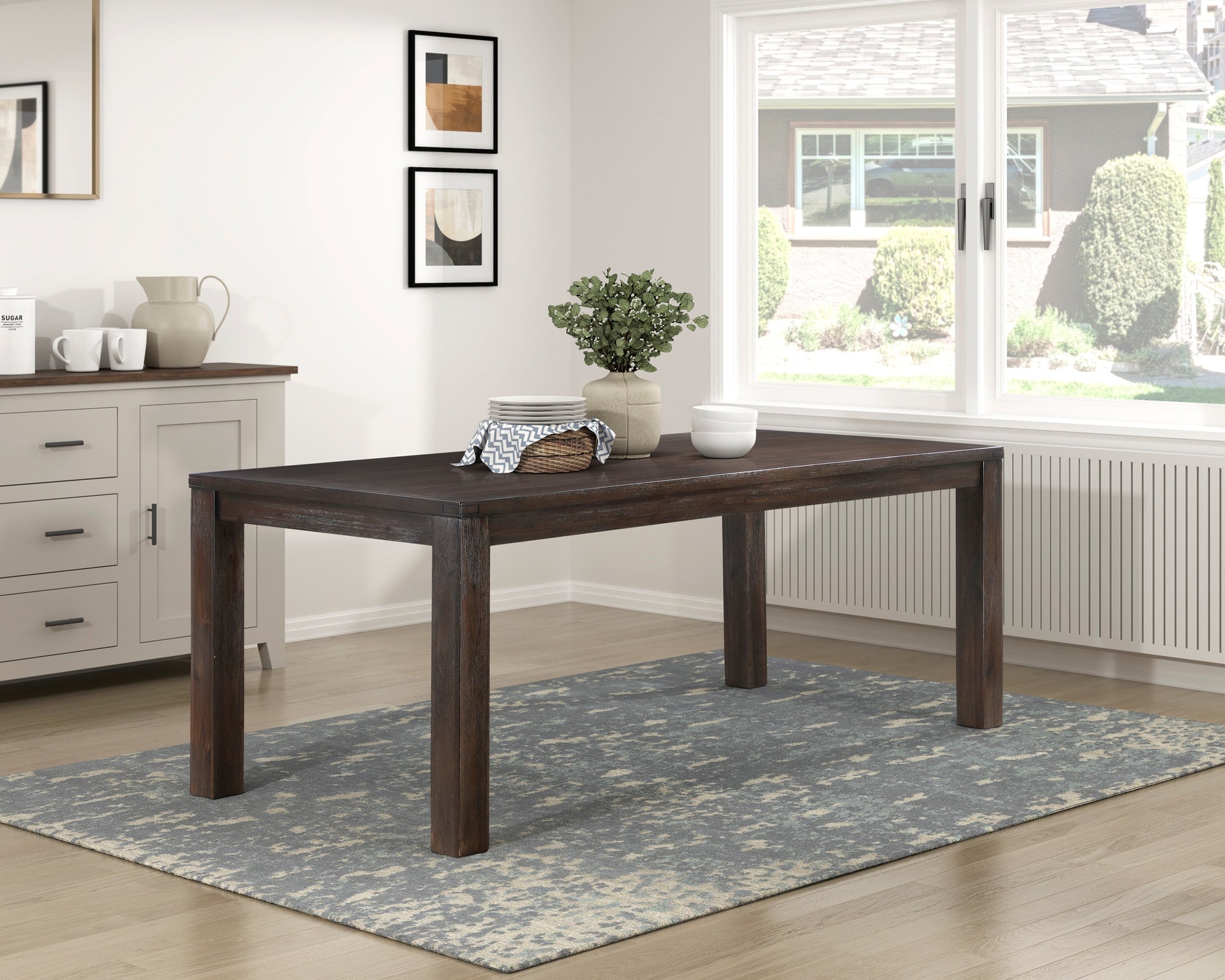5pc Dining Set Dark Brown Finish Table and Taupe Fabric Upholstered 4x Side Chairs Wooden Modern Dining Kitchen Furniture