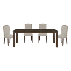 5pc Dining Set Dark Brown Finish Table and Taupe Fabric Upholstered 4x Side Chairs Wooden Modern Dining Kitchen Furniture