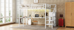 Full Size Loft Bed with L-shaped Desk and USB, Metal Loft Bed with Wardrobe and Adjustable Shelf, High Loft Bed with LED for Kids Teens Adults, White