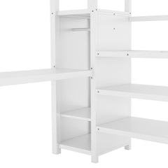 Full Size Loft Bed with L-shaped Desk and USB, Metal Loft Bed with Wardrobe and Adjustable Shelf, High Loft Bed with LED for Kids Teens Adults, White