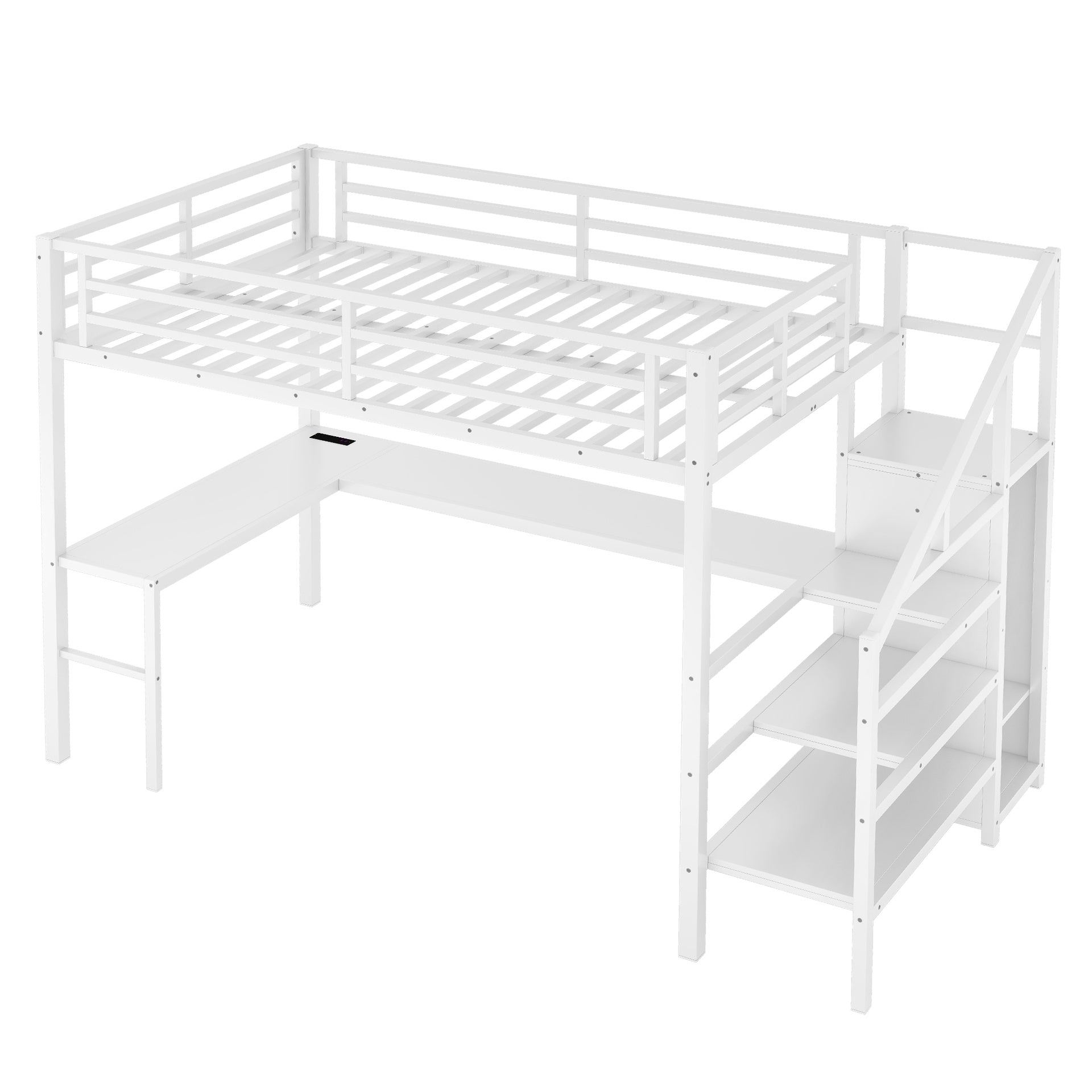 Full Size Loft Bed with L-shaped Desk and USB, Metal Loft Bed with Wardrobe and Adjustable Shelf, High Loft Bed with LED for Kids Teens Adults, White