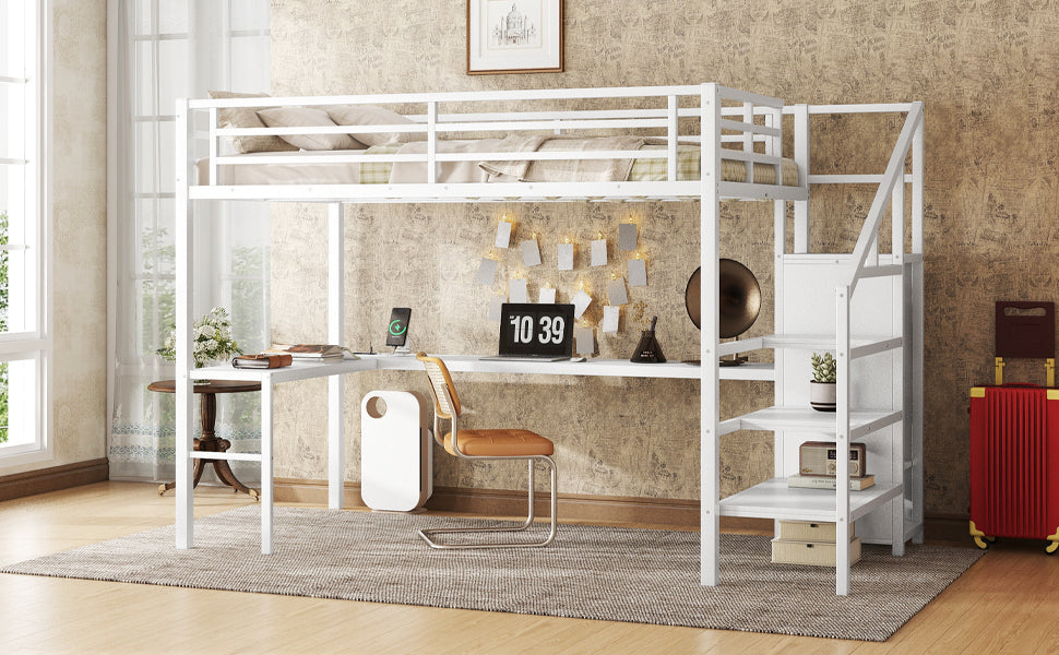 Full Size Loft Bed with L-shaped Desk and USB, Metal Loft Bed with Wardrobe and Adjustable Shelf, High Loft Bed with LED for Kids Teens Adults, White