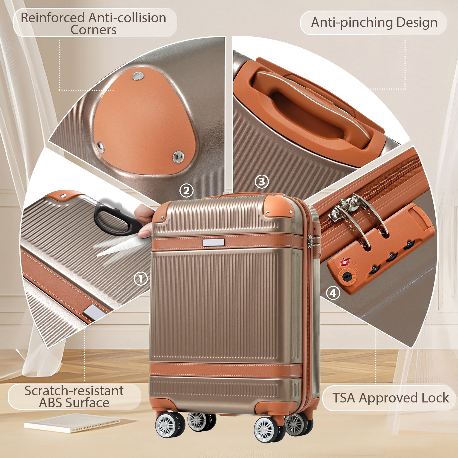 Hardshell Luggage Set 3-Piece, 20 Inch Carry-On Suitcase with Spinner Wheels TSA Lock, Lightweight Durable ABS for Travel Business, Copper Color